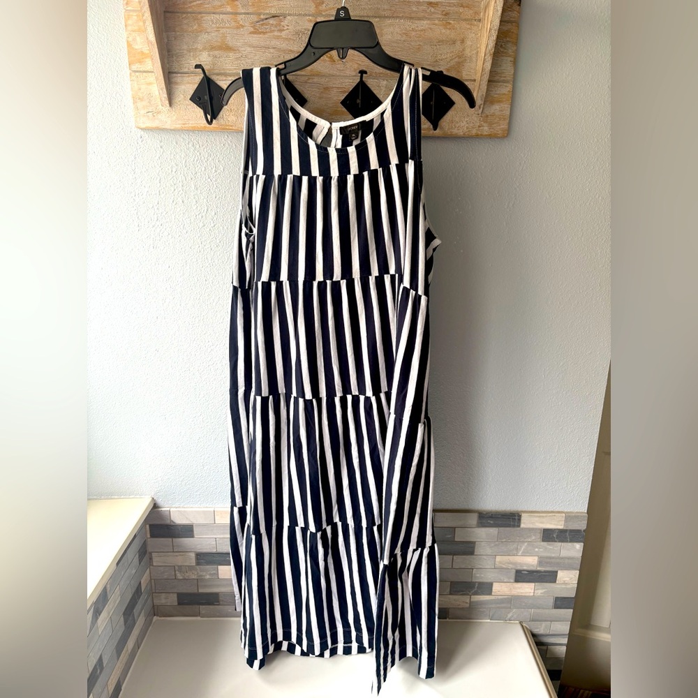 J Crew Navy Blue White Striped Midi Dress Women Size XL Tiered Sundress